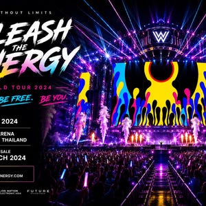 Könnte beinhalten: Ein Konzertplakat für die Unleash the Energy World Tour 2024 mit einer großen Bühne, hellen blauen, gelben und pinken Lichtern, einer Menschenmenge mit Leuchtstäben und Textdetails zum Event am Samstag, den 25. Mai 2024, in der Global Arena.
