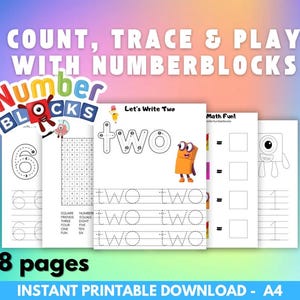 Op de afbeelding: Een set van 18 A4-printbare pagina's getiteld Count, Trace & Play with Numberblocks. De werkbladen bevatten educatieve activiteiten zoals het overtrekken van cijfers en woorden, wiskundige vergelijkingen en illustraties van Numberblocks-figuren.
