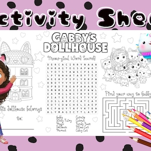 Op de afbeelding: Een Gabby's Dollhouse-activiteitenblad met een woordzoeker, een doolhof en karakterillustraties. De pagina bevat de tekst 'Activity Sheet', 'Gabby's Dollhouse', 'Meow-sical Word Search', 'This dollhouse belongs to:' en 'Find your way to Gabby'.