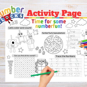 Op de afbeelding: Een Numberblocks-activiteitenblad met kleurplaten, een doolhof, een woordzoeker en oefeningen om cijfers over te trekken. Het blad bevat zwart-wit lijntekeningen van personages, sterren, wolken en de tekst Time for some numberfun!