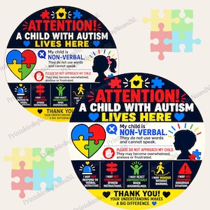 Op de afbeelding: Twee ronde borden met een donkerblauwe achtergrond en de tekst ATTENTION! A CHILD WITH AUTISM LIVES HERE. Elk bord bevat een veelkleurig hart van puzzelstukjes, een silhouet van een kind en iconen die de non-verbale status aangeven.