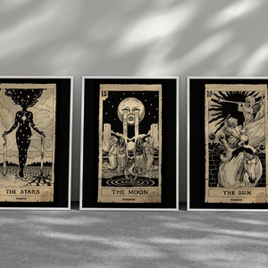 Conjunto de 3 estampas de cartas de tarô do sol, da lua, da estrela, conjunto boho terroso, impressões de parede celestial, pôsteres de astrologia, arte de cartas de tarô místicas
