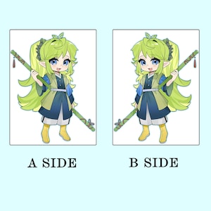 May include: Two identical illustrations of a cartoon character with green hair and blue eyes, holding a staff. The character wears a blue and green outfit with yellow boots. The text "A SIDE" and "B SIDE" are below each illustration, respectively.
