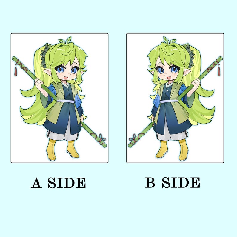 May include: Two identical illustrations of a cartoon character with green hair and blue eyes, holding a staff. The character wears a blue and green outfit with yellow boots. The text "A SIDE" and "B SIDE" are below each illustration, respectively.