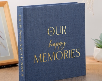 Personalized Handmade Photo Album | Royal Blue Linen, Gold Foil Text