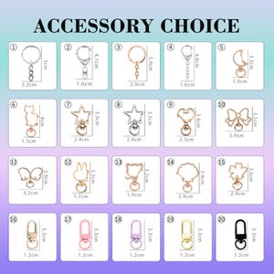 May include: An image showcasing a variety of keychains, each with a unique design. The keychains include shapes like stars, hearts, and animals, with measurements in centimeters and inches. The text "ACCESSORY CHOICE" is at the top.