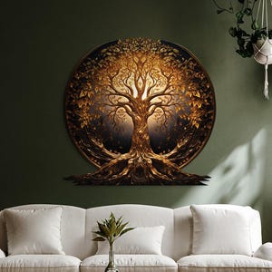 Golden Tree of Life Wall Art | Spiritual Nature Decor, Round Hanging
