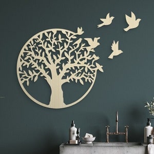 Arbre de vie et oiseaux Art déco | Art mural arbre | Arbre de vie à suspendre | Décoration 3D Arbre de vie | Décoration murale en bois