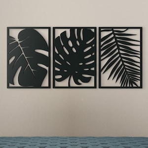 Decorazione con piante 3D / Piante da appendere alla parete / Decorazione con 3 pannelli di piante / Decorazione da parete in legno / Pianta con 3 pannelli