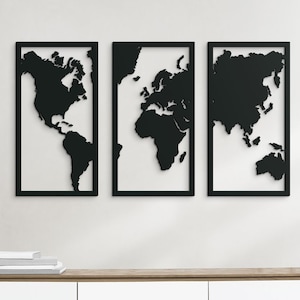 3D-decoratie wereldkaart | Wereldkaart muur hangend | Wereldkaart decoratie | Houten wanddecoratie | Wereldkaart met 3 panelen