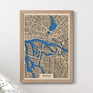 Hamburg 3D Karte | drevko CITY Landkarte | 3D-Landkarte Hamburg | Hamburg Dekoration | Holz Landkarte Hamburg | Jubiläum Geburtstagsgeschenk