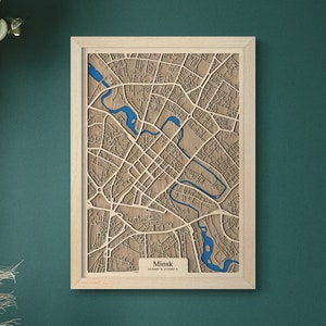 Houten kaart van Minsk | drevko CITY houten kaart | 3D-kaart Minsk | Minsk-decoratie | Houten kaart Minsk | Verjaardag Verjaardagscadeau