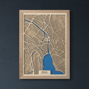 Mappa in legno di Zurigo / mappa in legno drevko CITY / Decorazione di Zurigo / Mappa 3D Zurigo / Mappa in legno Zurigo / Regalo di compleanno per l'anniversario