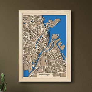 Mapa de Copenhaga | drevko CIDADE Mapa de madeira | Mapa 3D de Copenhague | Decoração Copenhague | Mapa de madeira de Copenhague | Presente de aniversário