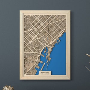 Kaart van Barcelona | drevko CITY houten kaart | Barcelona-decoratie | 3D-kaart Barcelona | Houten kaart Barcelona | Verjaardag Verjaardagscadeau