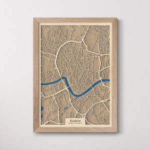 Houten kaart van Krakau | drevko CITY houten kaart | 3D-kaart Krakau | Krakaudecoratie | Houten kaart Krakau | Verjaardag Verjaardagscadeau