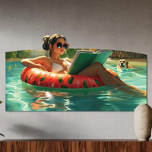 Könnte beinhalten: Ein rechteckiger Wandkunstdruck, der eine Person in einem weißen Bikini und mit roter Sonnenbrille zeigt, die auf einem roten, mit Wassermelonen gemusterten Schwimmring in einem Pool ein Buch liest, während ein goldener Hund im Hintergrund schwimmt.
