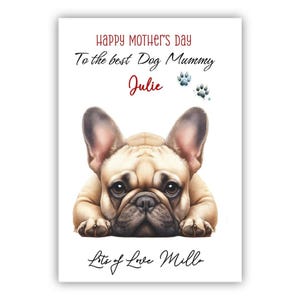 Carte personnalisée de fête des mères de bouledogue français. Carte de fête des mères pour les amoureux des chiens. Carte de fête des mères d'un chien. Vers la meilleure carte de maman de chien.