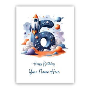 Tarjeta personalizada de sexto cumpleaños para niño. Tarjeta de sexto cumpleaños para hijo, nieto, sobrino, hermano, ahijado, cumpleañero o primo. Con temática espacial.