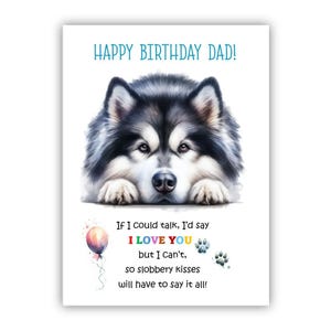 Biglietto di auguri di compleanno del cane. Biglietto di auguri di compleanno per il cane Alaskan Malamute per papà, papà, padre. Con opzione messaggio all'interno.
