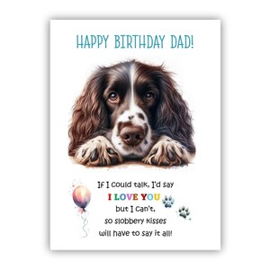 Biglietto di auguri di compleanno del cane. Biglietto di auguri di compleanno per il cane Springer Spaniel per papà, papà, padre. Con opzione messaggio all'interno.