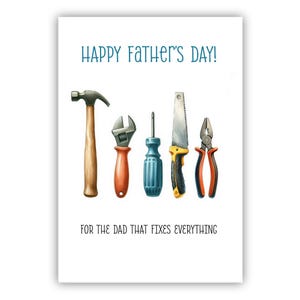 Biglietto per la festa del papà. Buona festa del papà. Biglietto per papà. Attrezzi per papà.
