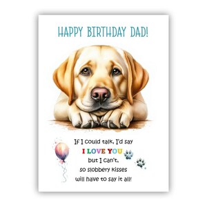 Biglietto di auguri di compleanno del cane. Biglietto di auguri di compleanno del cane Labrador giallo per papà, papà, padre. Con opzione messaggio all'interno.