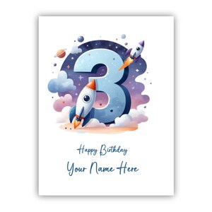 Carte personnalisée pour le 3e anniversaire d'un garçon. Troisième carte d'anniversaire pour fils, petit-fils, neveu, frère, filleul, garçon, cousin. Thème de l'espace.