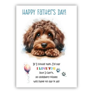 Biglietto per la festa del papà con cane incrocio Spaniel-Barboncino. Biglietto per la festa del papà da un cane. Auguri a papà, papà e papà. Con possibilità di messaggio all'interno.