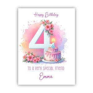 Biglietto personalizzato per il 4° compleanno per bambina. Biglietto per il 4° compleanno per figlia, nipote, nipote, sorella, cugina. Biglietto di compleanno rosa.