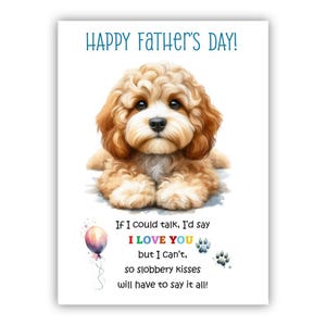Biglietto per la festa del papà con il cane Cockapoo. Biglietto per la festa del papà da un cane. Auguri a papà, papà e papà. Con possibilità di messaggio all'interno.