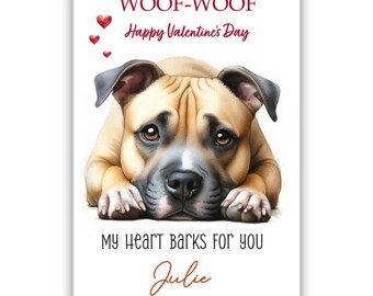 May include: Valentine's Day card featuring a cartoon illustration of a brown and white dog with the text "Woof-Woof Happy Valentine's Day My heart barks for you Julie".