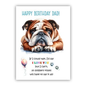 Biglietto di auguri di compleanno del cane. Biglietto di auguri di compleanno per il cane Bulldog inglese per papà, papà, padre. Con opzione messaggio all'interno.
