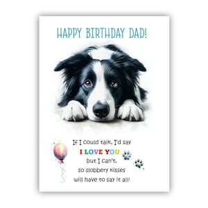 Biglietto di auguri di compleanno del cane. Biglietto di auguri di compleanno per il cane Border Collie per papà, papà, padre. Con opzione messaggio all'interno.