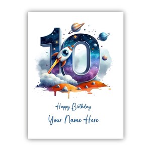 Personalisierte Karte zum 10.Geburtstag für Jungen. Karte zum zehnten Geburtstag für Sohn, Enkel, Neffe, Bruder, Patenkind, Geburtstagskind, Cousin. Thema Weltraum