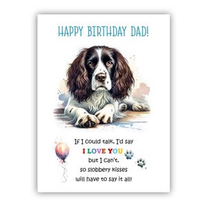 Biglietto di auguri di compleanno del cane. Biglietto di auguri di compleanno per il cane Springer Spaniel per papà, papà, padre. Con opzione messaggio all'interno.
