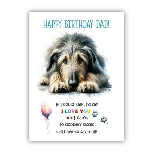 Biglietto di auguri di compleanno del cane. Biglietto di auguri di compleanno per il cane Irish Wolfhound a papà, papà, padre. Con opzione messaggio all'interno.