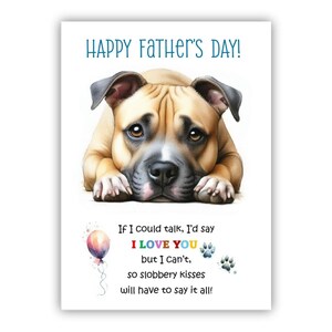 Biglietto per la festa del papà con il cane Staff Terrier. Biglietto per la festa del papà da un cane. Auguri a papà, papà e papà. Con possibilità di messaggio all'interno.