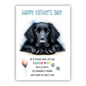Biglietto per la festa del papà con il cane Flat Coated Retriever nero. Biglietto per la festa del papà dal cane. Tanti auguri per la festa del papà a papà, papà, papà.