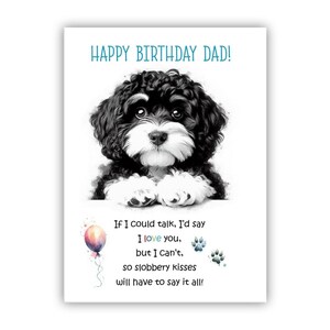 Biglietto di auguri di compleanno del cane. Biglietto di auguri di compleanno del cane Cavapoo per papà, papà, padre. Con opzione messaggio all'interno.