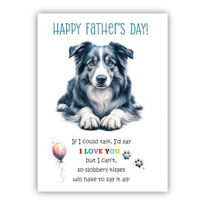 Biglietto per la festa del papà con il cane Border Collie blu. Biglietto per la festa del papà da un cane. Auguri a papà, papà e papà. Con possibilità di messaggio all'interno.