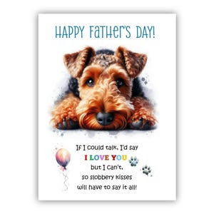 Biglietto per la festa del papà con il cane Welsh Terrier. Biglietto per la festa del papà da un cane. Auguri a papà, papà e papà. Con possibilità di messaggio all'interno.