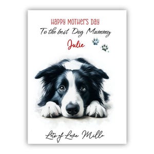 Carte personnalisée pour la fête des mères pour chien border collie. Carte de fête des mères pour les amoureux des chiens. Carte de fête des mères d'un chien. Vers la meilleure carte de maman de chien.