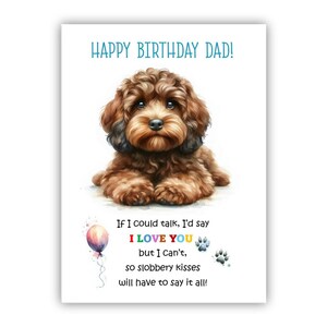 Biglietto di auguri di compleanno del cane. Biglietto di auguri di compleanno del cane Cockapoo per papà, papà, padre. Con opzione messaggio all'interno.