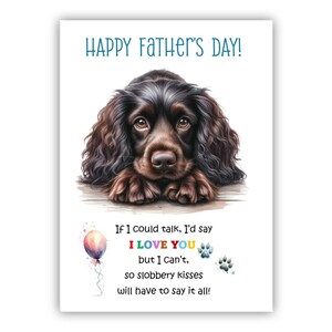 Biglietto per la festa del papà con il cane Boykin Spaniel. Biglietto per la festa del papà da un cane. Auguri a papà, papà e papà. Con possibilità di messaggio all'interno.