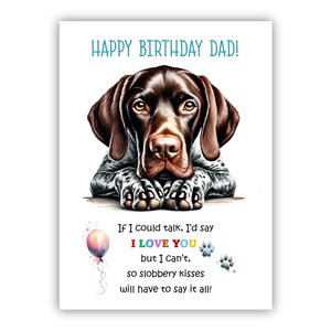 Biglietto di auguri di compleanno del cane. Cane da caccia tedesco a pelo corto Biglietto di auguri di compleanno per papà, papà, padre. Con opzione messaggio all'interno.