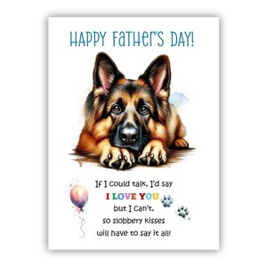 Biglietto per la festa del papà con un pastore tedesco. Biglietto per la festa del papà da un cane. Auguri a papà, papà e papà. Con possibilità di messaggio all'interno.
