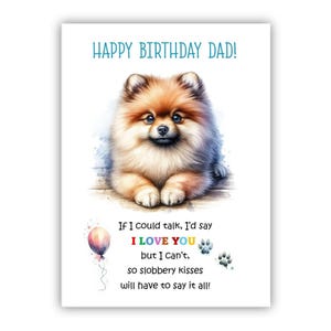 Biglietto di auguri di compleanno del cane. Biglietto di auguri di compleanno per il cane Pomerania per papà, papà, padre. Con opzione messaggio all'interno.