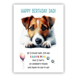 Biglietto di auguri di compleanno del cane. Biglietto di auguri di compleanno per il cane Jack Russell Terrier per papà, papà, padre. Con opzione messaggio all'interno.