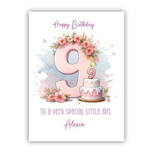Carte personnalisée pour 9 ans pour fille. Carte d'anniversaire pour fille, petite-fille, nièce, soeur, cousine. Carte d'anniversaire rose.